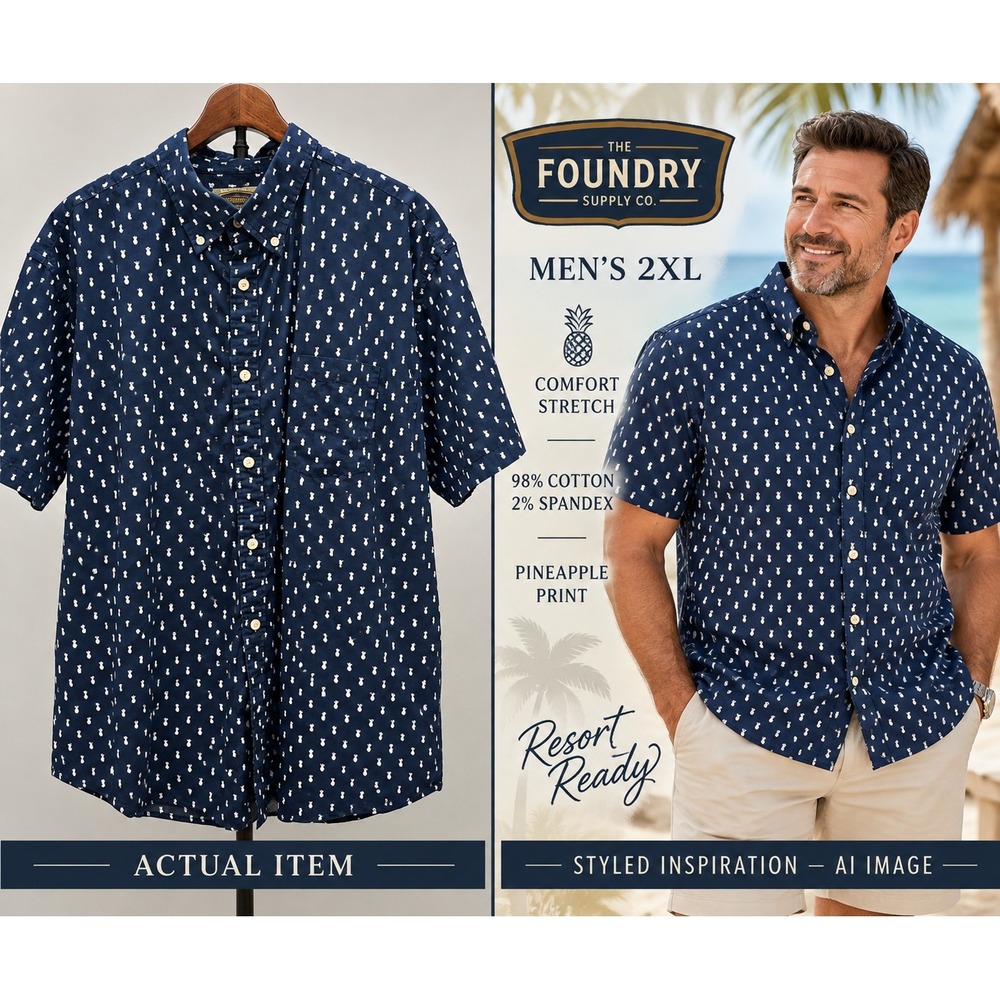 The Foundry Supply Co Men's 2XL Navy Blue Pineapple Hawaiian Short Sleeve